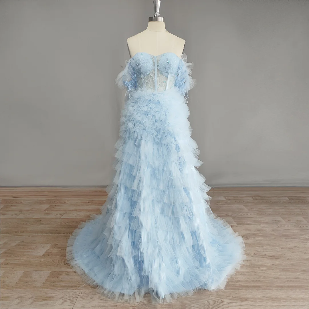 Real Photos Lace Off Shoulder Feather Prom Dress Sweetheart Tulle High Side Split A-Line Tiered Princess Evening Gown