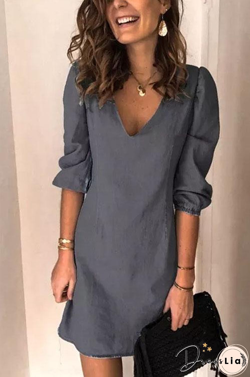 Puff Sleeve Simple Denim Dress
