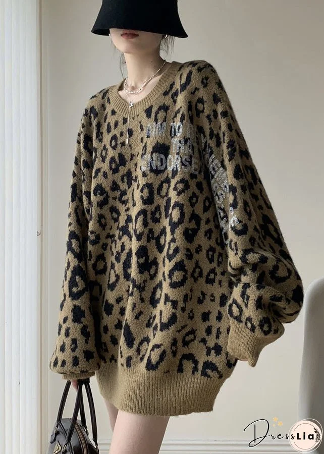 Women Khaki Leopard O Neck Cozy Knit Sweater Winter