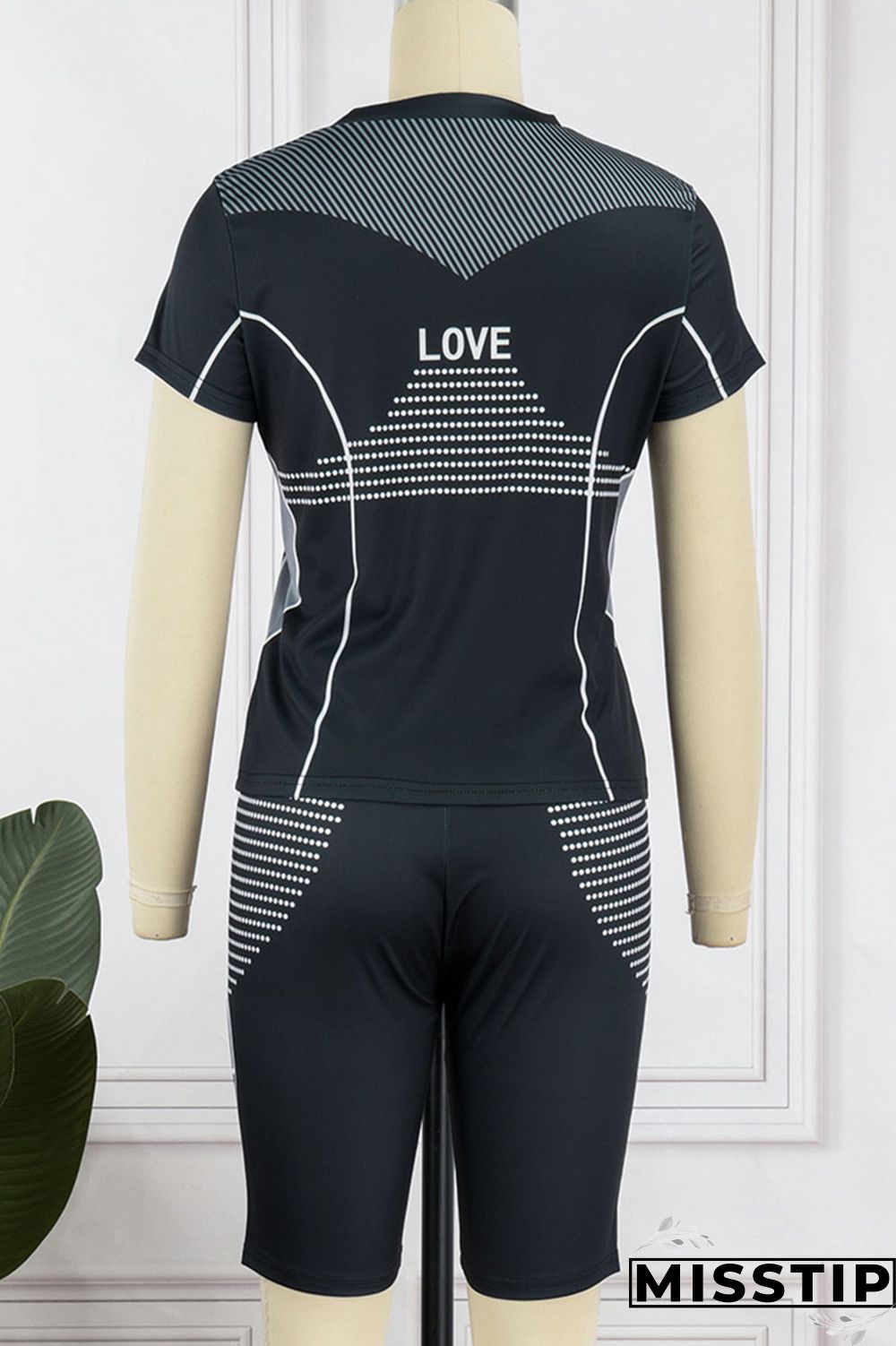 Black Casual Sportswear Print Patchwork O Neck Short Sleeve Two Pieces