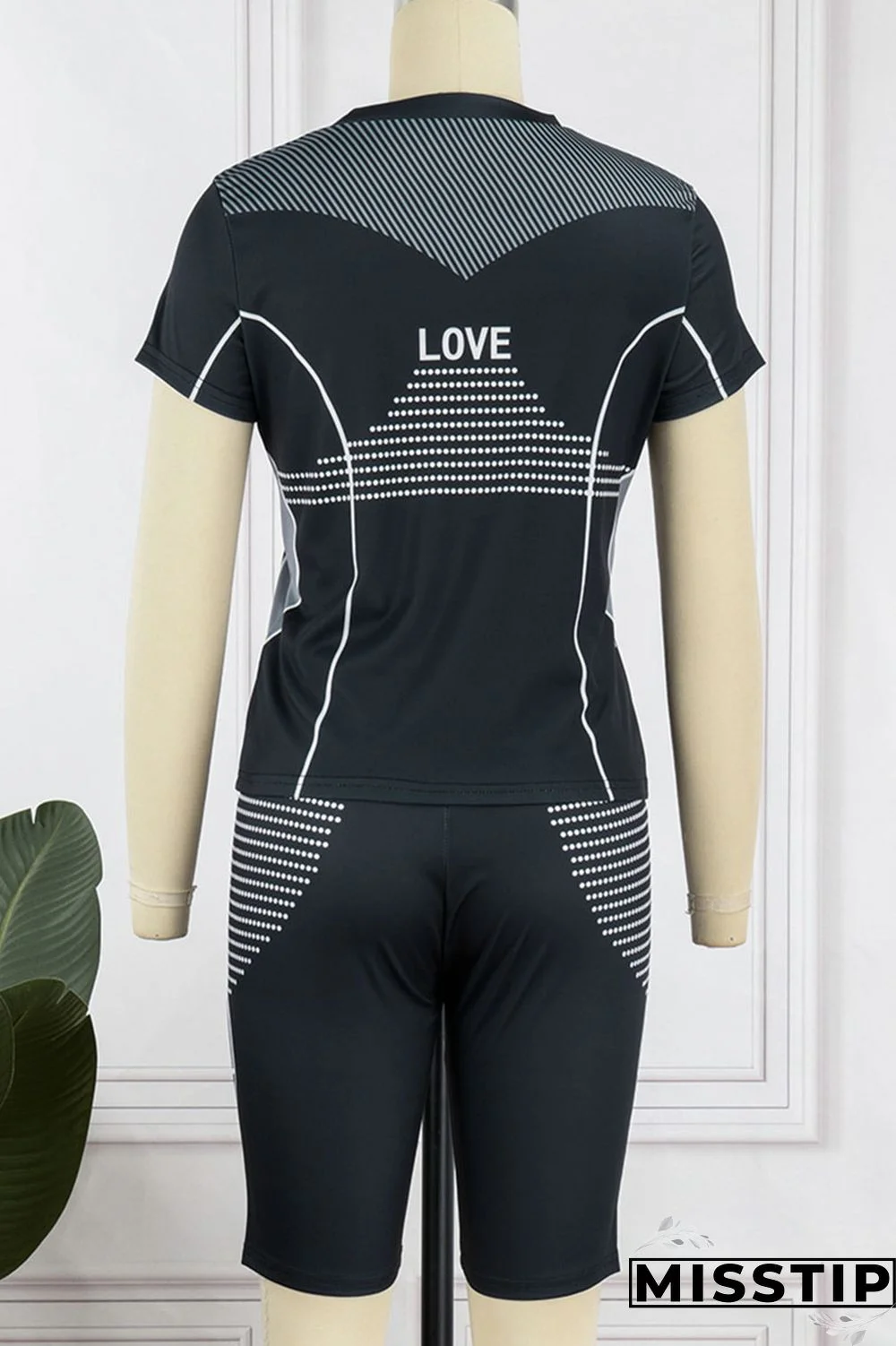 Black Casual Sportswear Print Patchwork O Neck Short Sleeve Two Pieces