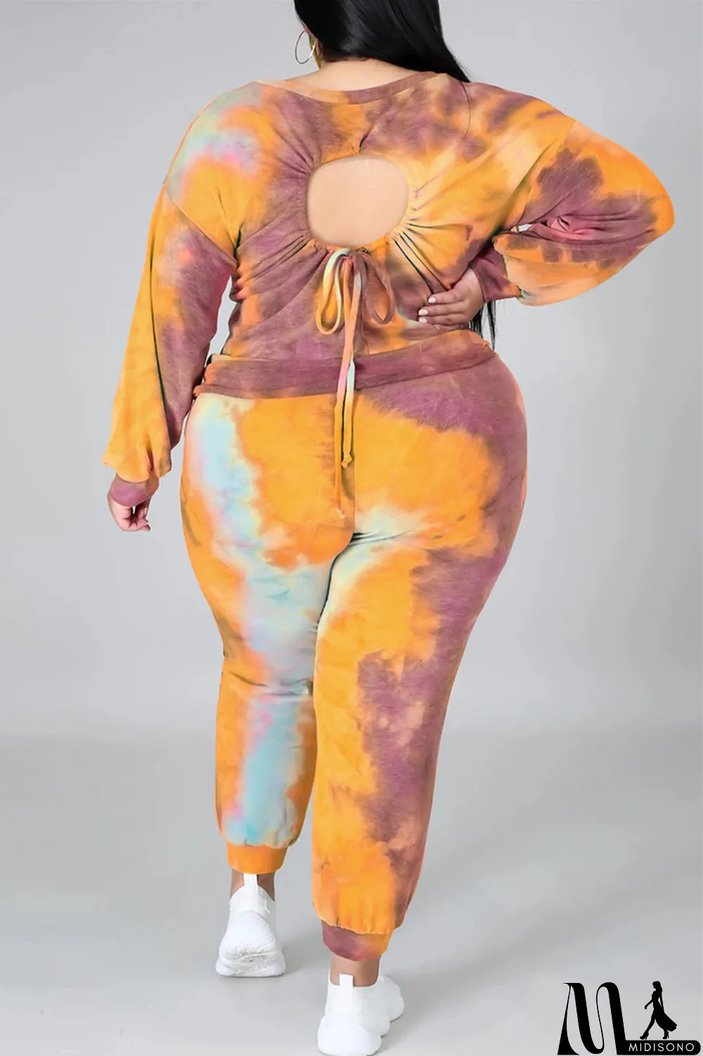MidiSono - Multicolor Fashion Casual Print Tie Dye Backless O Neck Plus Size Two Pieces