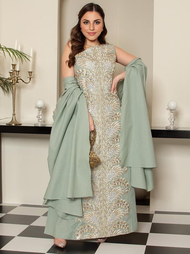 Oblique Shoulder Plant Embroidery Sleeveless Dress and Outerwear