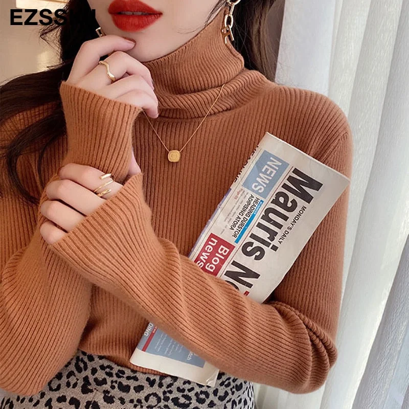 2021 Knitted Women turtleneck Sweater Pullovers spring Autumn Basic Women high neck Sweaters Pullover Slim female