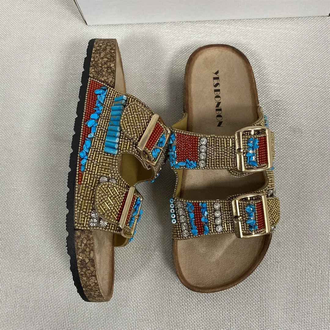 Classic Designer New Retro Ethnic Style Gold Buckle Spot Drill Decorative Hollow Open Toe Women Slippers Flat za woman 2021