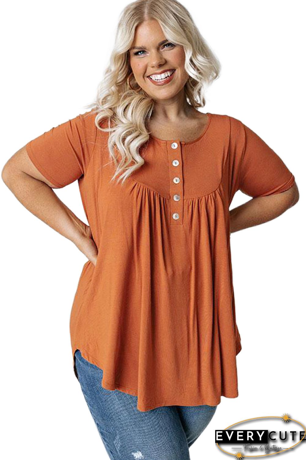 Orange Buttons Ruched O Neck Short Sleeve Plus Size Top