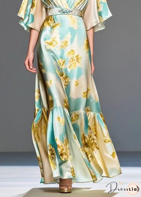 Modern Light Blue Print Silk Long Dresses Cinched Summer
