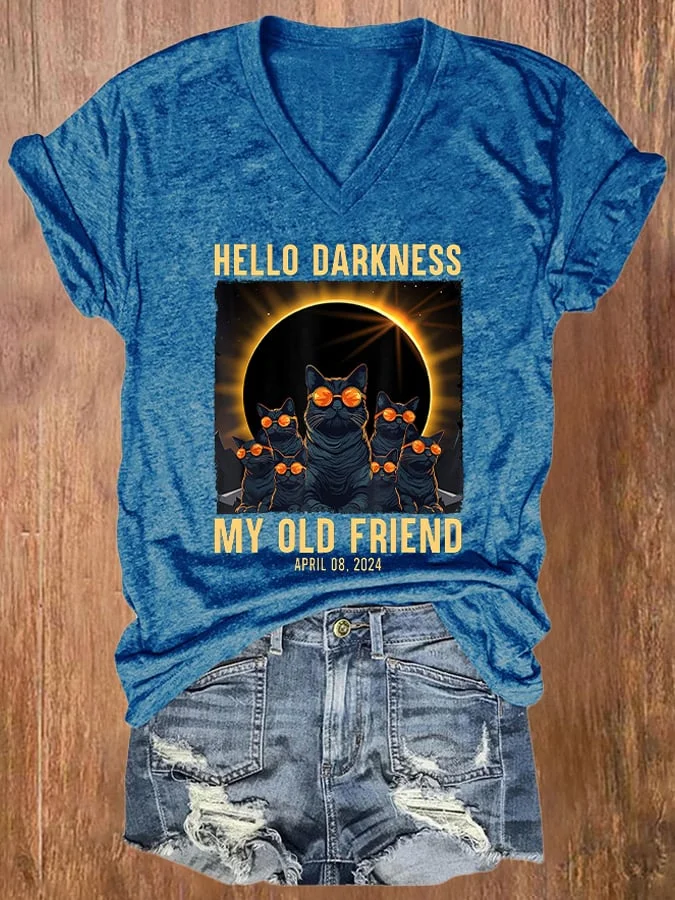 V-neck Retro Cat Hello Darkness My Old Friend Solar Eclipse Of April 8, 2024 Print T-Shirt socialshop