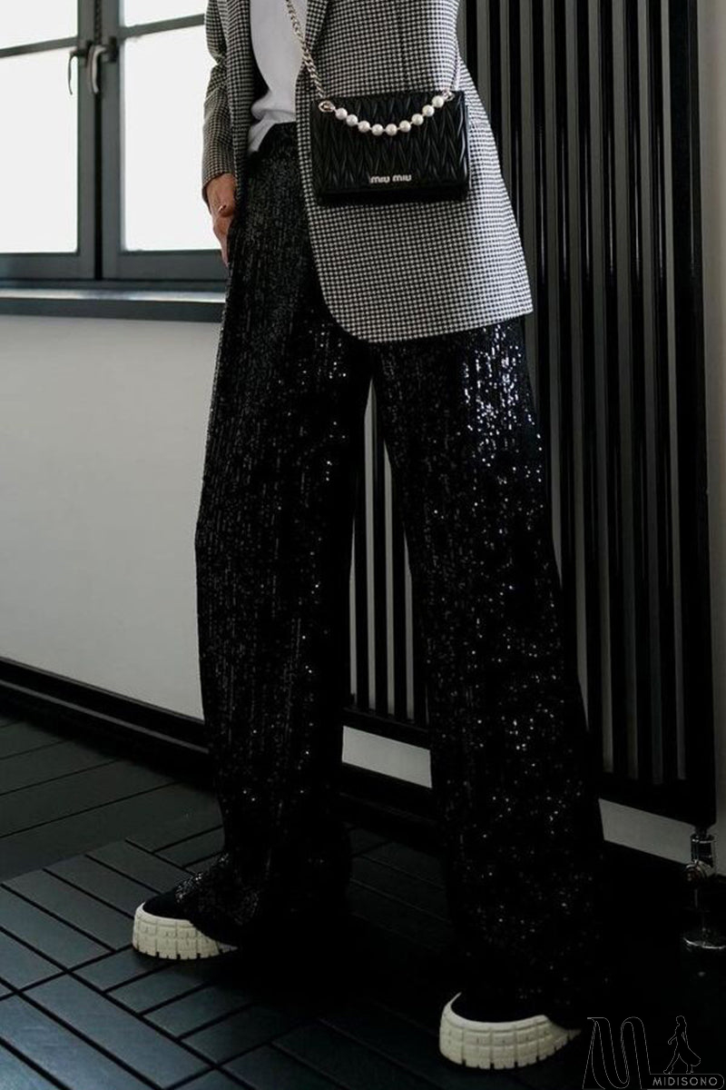 MidiSono - Casual British Style Solid Sequins Loose Low Waist Straight Solid Color Bottoms