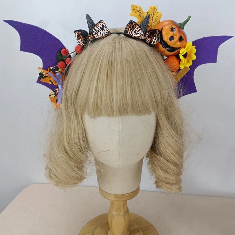 Gothic Pumpkin Bat Wings Headband Halloween Hair Accessory
