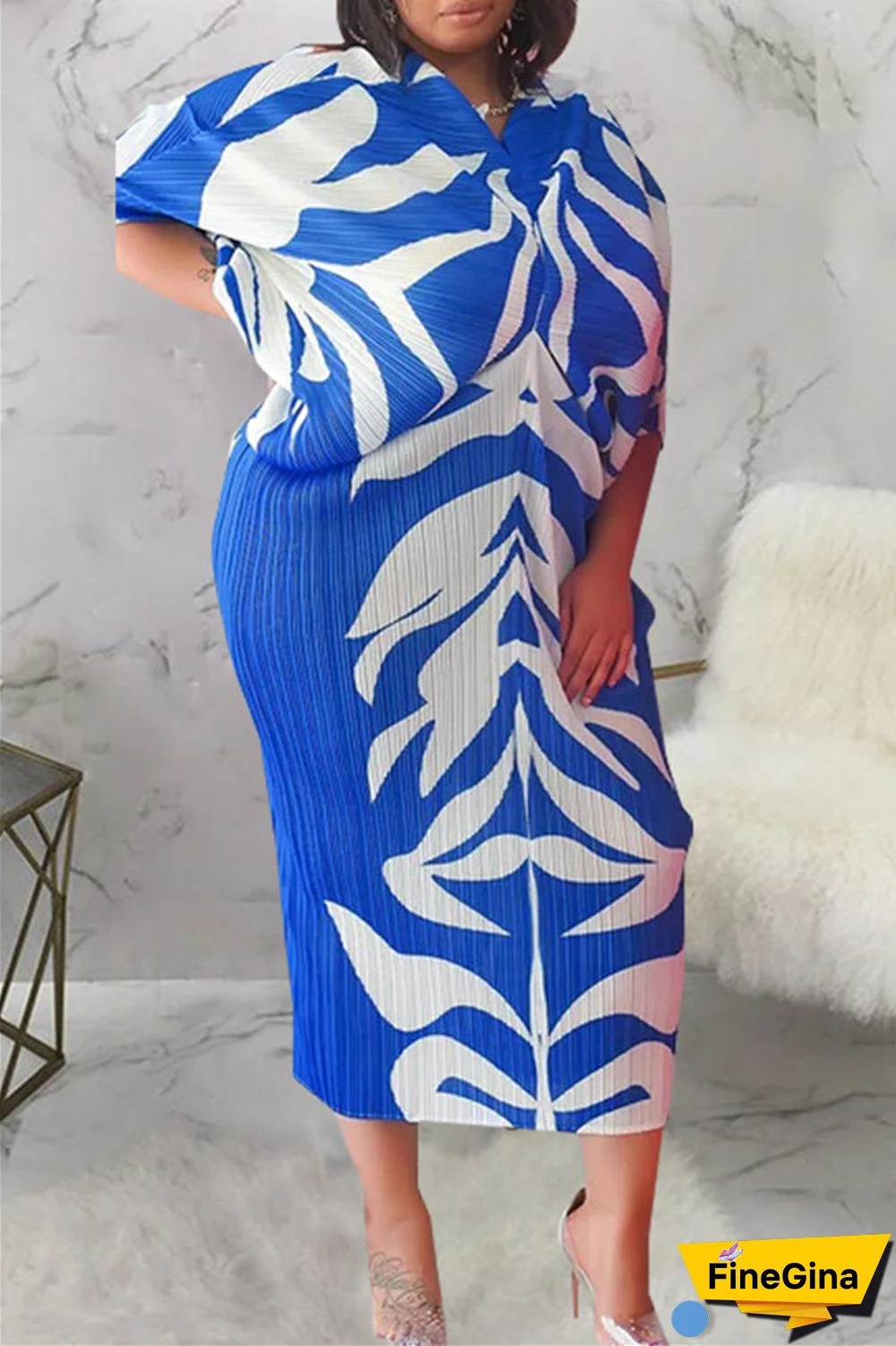 Pink Purple Casual Print Patchwork V Neck Pencil Skirt Plus Size Dresses