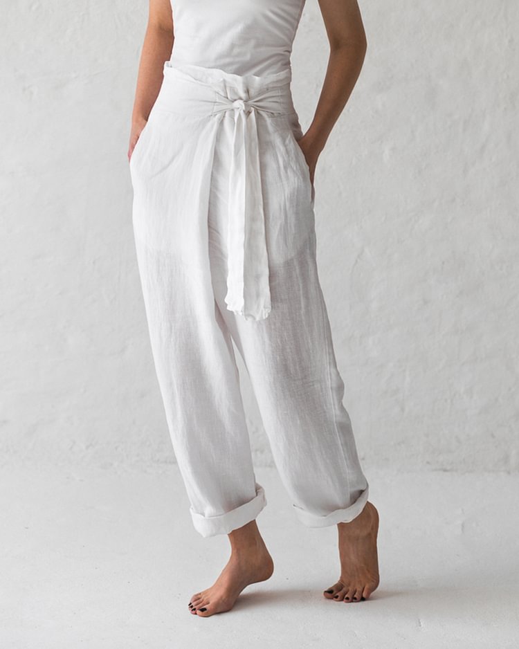 Women's lace-up cotton and linen high waist trousers