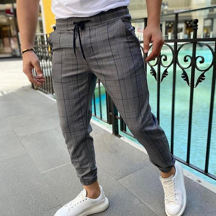 Patchwork Pencil Pants Plaid Lace-Up Men's Casual Pants