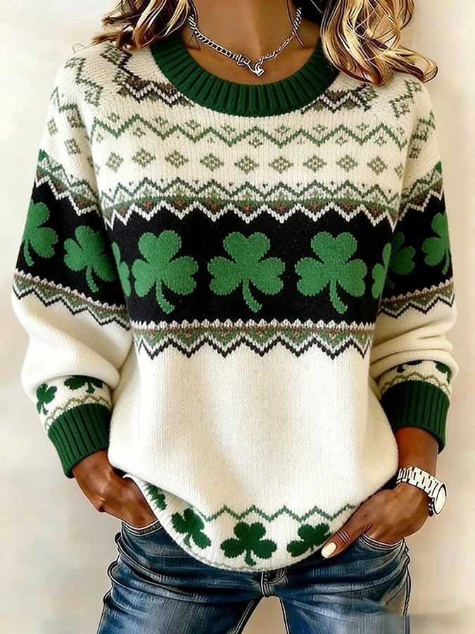 Women's St. Patrick's Day Print Knit Crew Neck Long Sleeve Top 