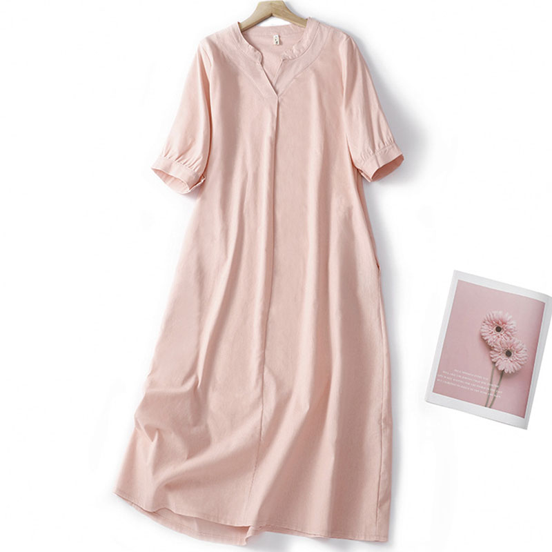 Literary Japanese style V-neck loose cotton linen gown-coollova:luchamp