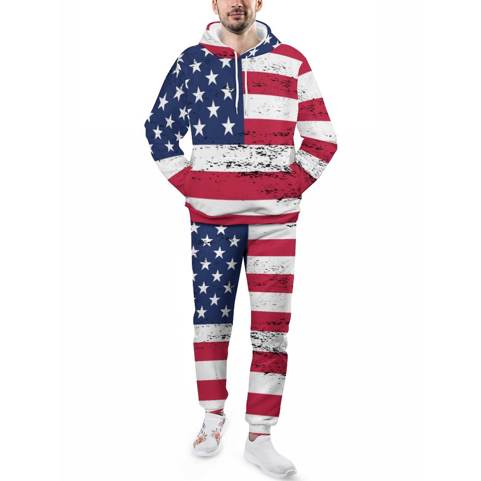 United States Flag Distressed Style Stars Stripes Men's Sweatsuits Set Casual Athletic Pullover And Sweatpants Suit Outfit