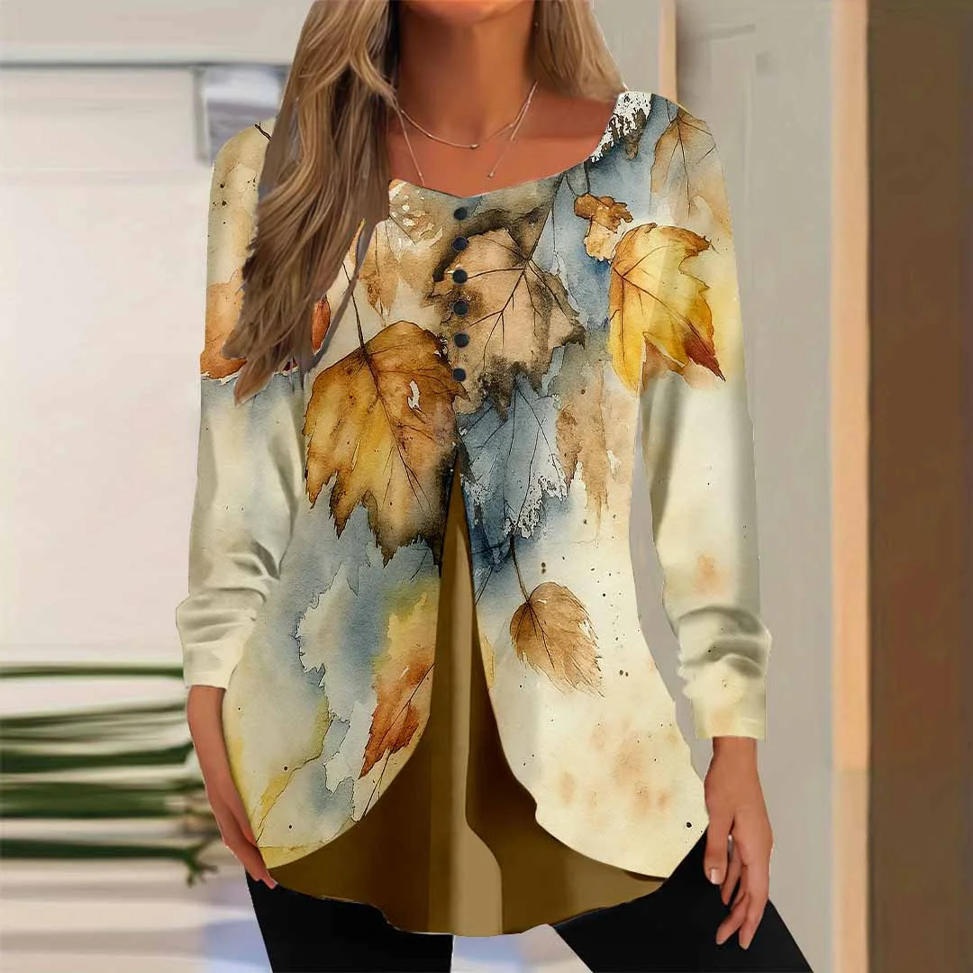 Women Graphic,Yellow DZGG8203 Long Sleeve Scoop Neck Printed Graphic Button Fake 2in1 Tops
