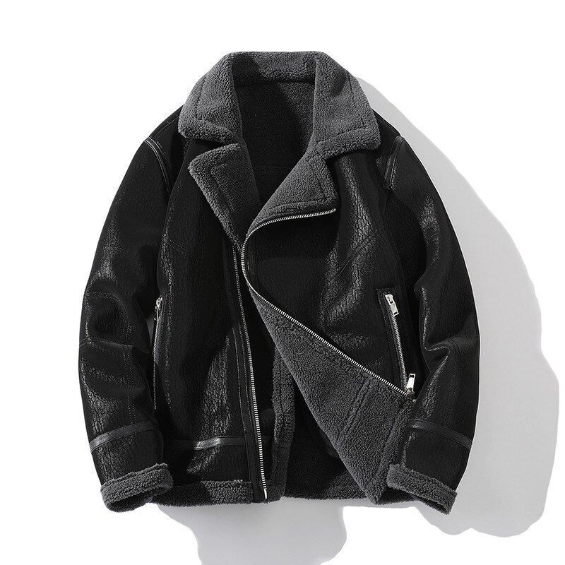 men Suede Leather Thick Jacket Winter Warm Outwear Faux Lamb Wool Fur Turn-down Collar Black Coat Plus Size M-5XL