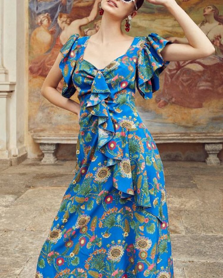 Casual Pleated Ruffle Print Dress