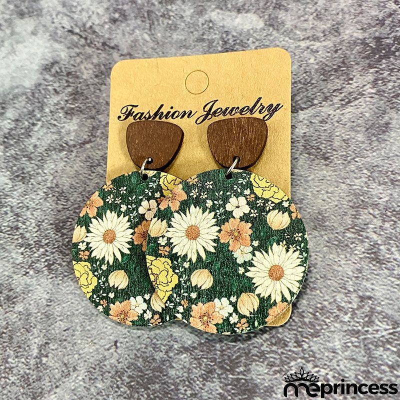 Women Fashion Retro Bohemian Flower Stitching Wooden Earrings