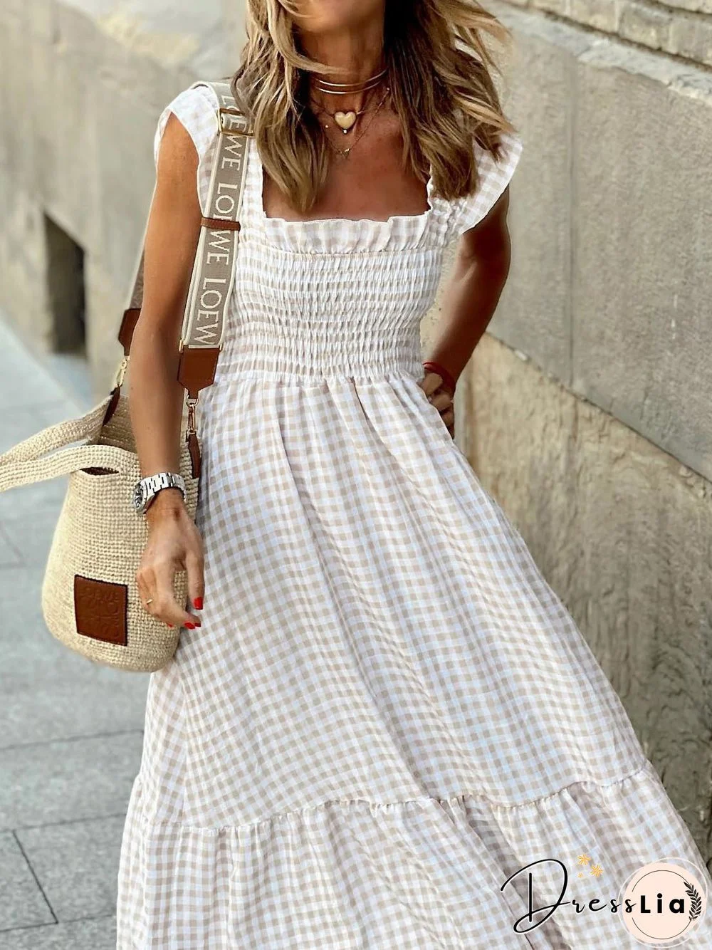 Women'S Dresses Square Neck Plaid Print Ruffle Sleeve Dress