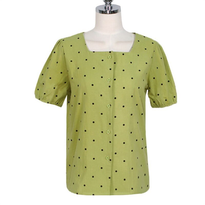 square print green shirt femme Casual Vintage Women short sleeve Cotton Girls Blouse Plus Size Summer Women Blouses Top femme
