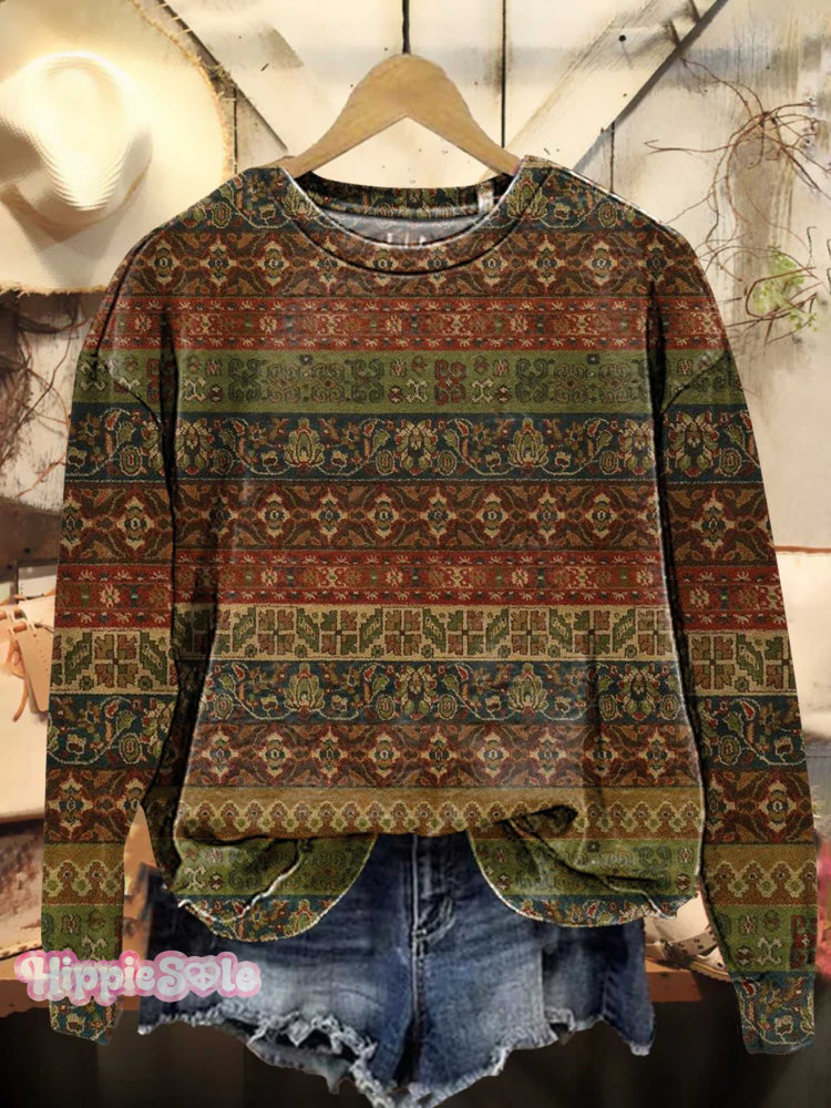 Retro Ethnic Pattern Print Casual Sweatshirt Multicolor / S