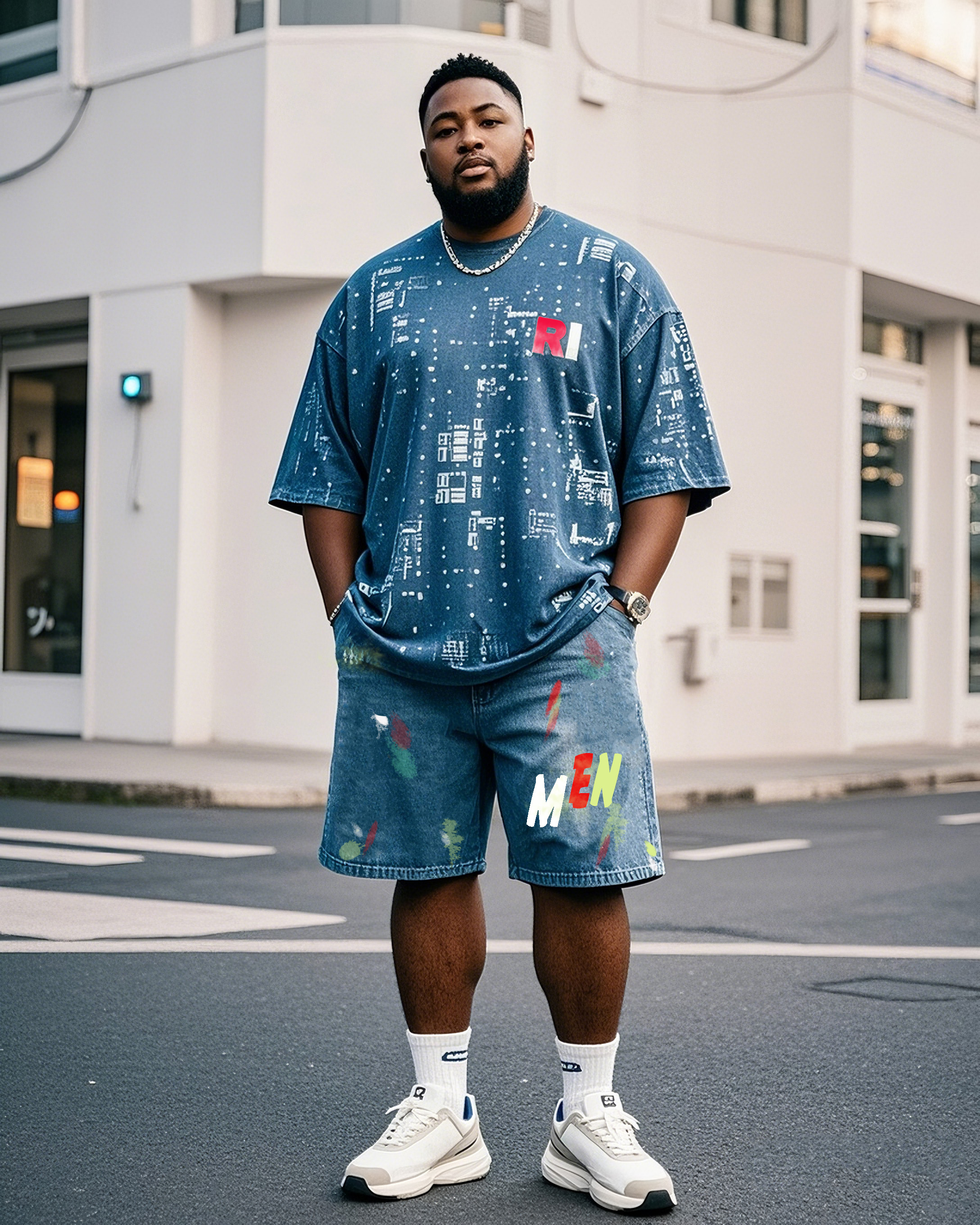 Plus Size Men's Print Graffiti Short Sleeve T-shirt Shorts Suit