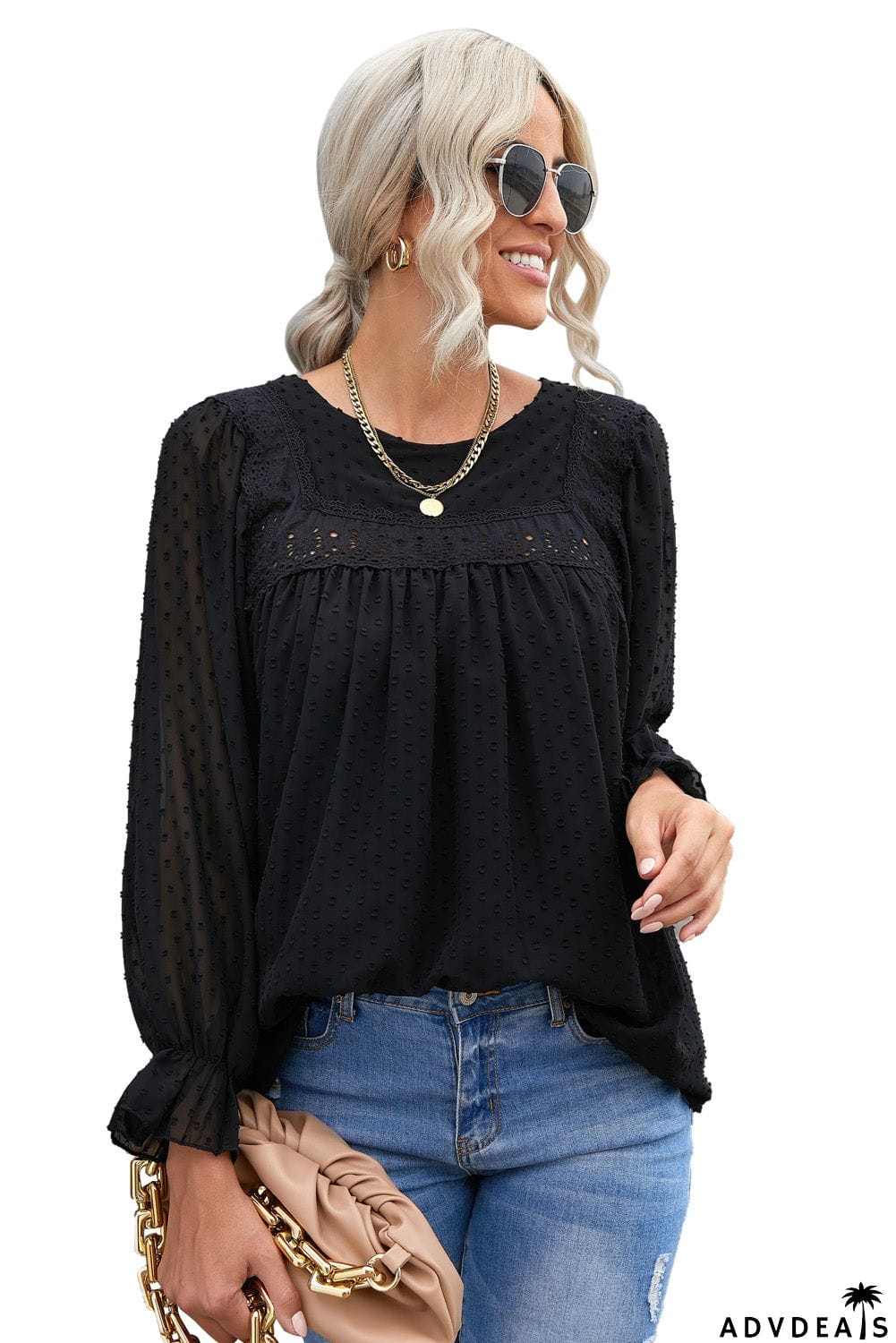 Swiss Dot Hollow Out Ruffle Sleeve Blouse