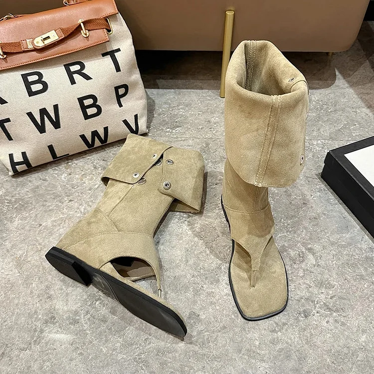 Vintage Western Cowboy Stacked Boots 2024 Summer Fashion Clip Toe Flats Sandalias Ladies Elegant Rome Style Long Booties
