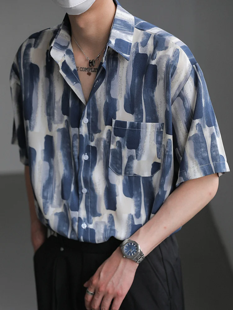 Aonga 2024 Summer New Casual Mens Short Sleeve Shirt Turn-down Collar Buttoned Cardigan Tops Men Harajuku Graphic Printed Loose Shirts