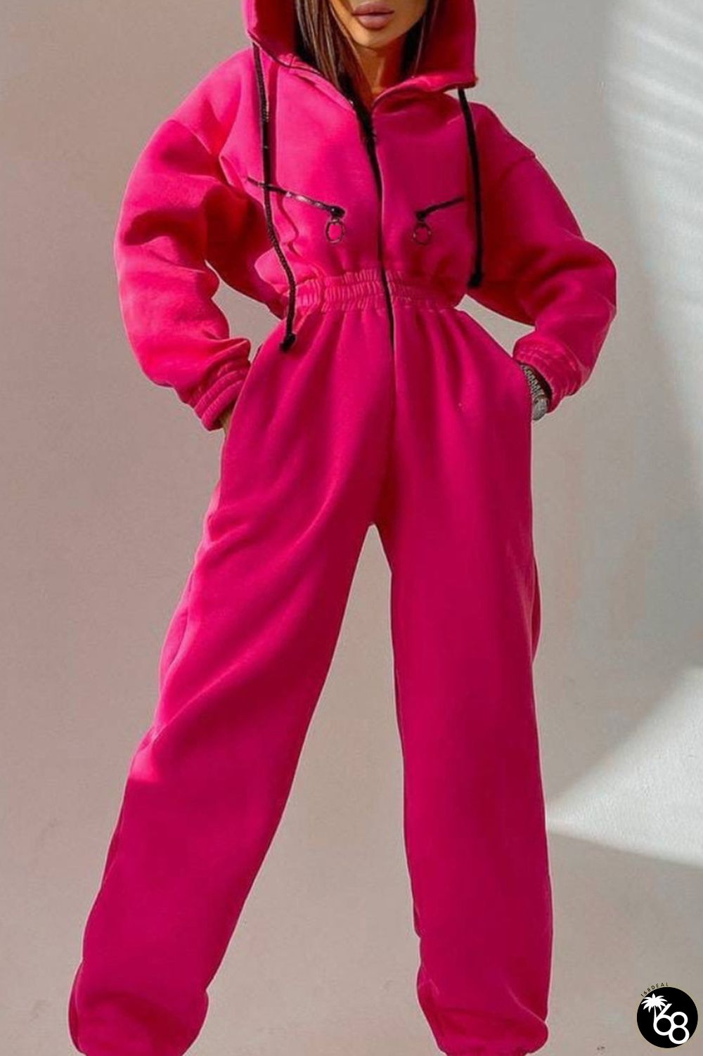 Rose Red Street Solid Patchwork Hooded Collar Jumpsuits | 168DEAL