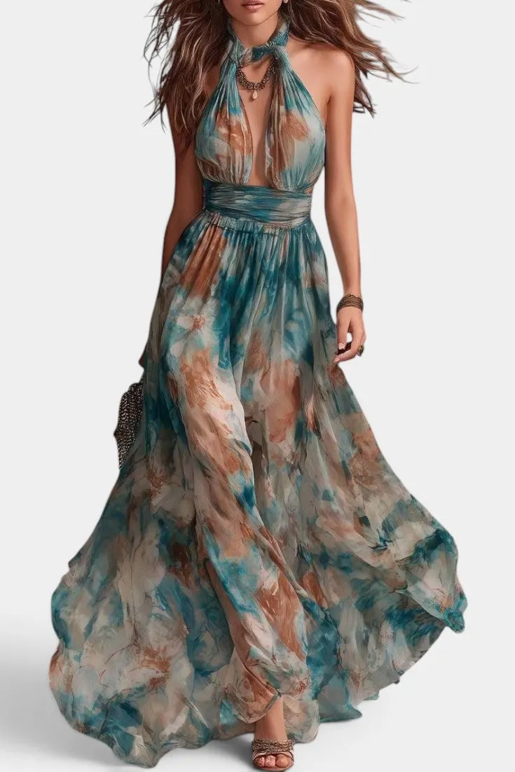 Halter Neck Open Back Maxi Dress with Flowing Print