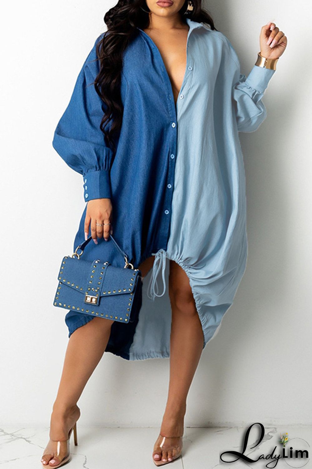 Black Fashion Casual Plus Size Solid Split Joint Asymmetrical Turndown Collar Shirt Dress
