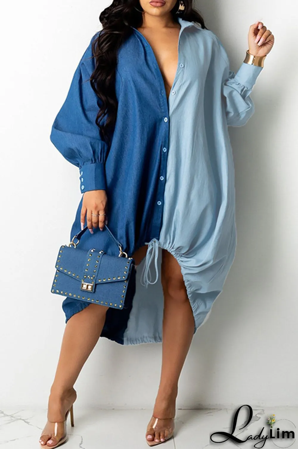 Black Fashion Casual Plus Size Solid Split Joint Asymmetrical Turndown Collar Shirt Dress