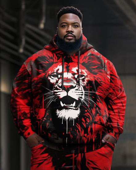 Men's Large Size Vintage Lion Graffiti Hoodie and Sweatpants Two Piece Set