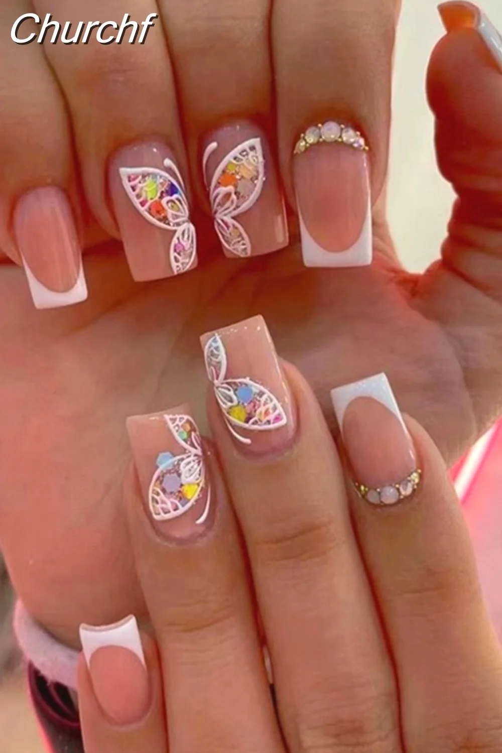 Churchf Wave Line Short Ballet French False Nails With Flower design Square Head Fake Nail Tips Simple Wearable Press On Nails-Nail Inspo