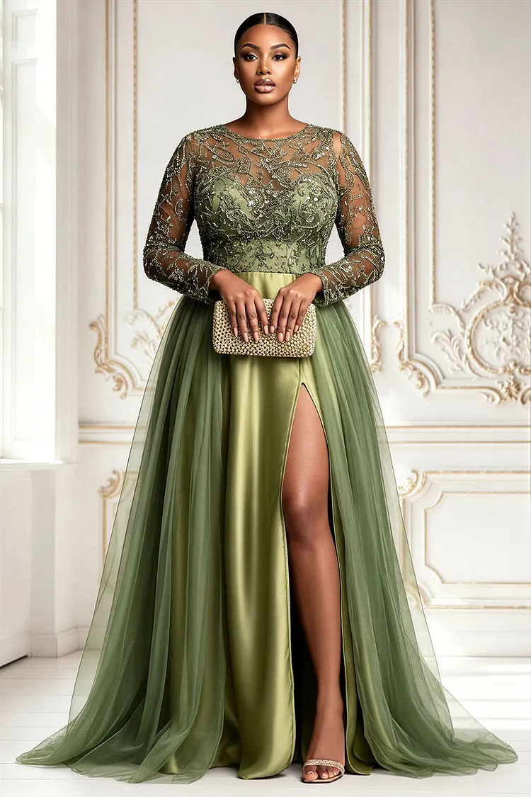 Xpluswear Design Plus Size Formal Tulle Sage Green Round Neck Long Sleeve Split Contrast Satin Maxi Dresses [Pre-Order] 2024 - Xpluswear