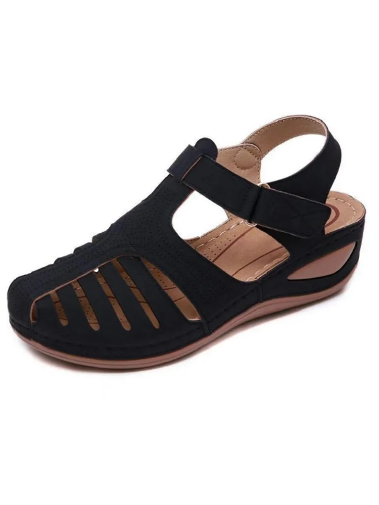 Cutout Round Toe Wedge Heel Comfortable Velcro Sandals