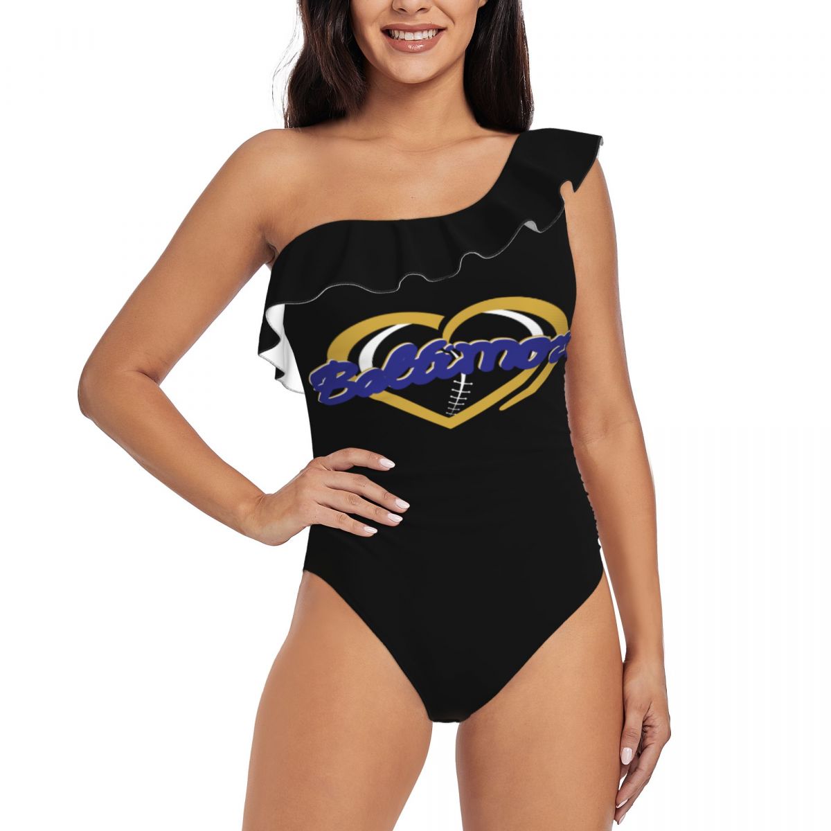 Baltimore Ravens On Hearts Ball Tummy Control One Shoulder Swimsuits