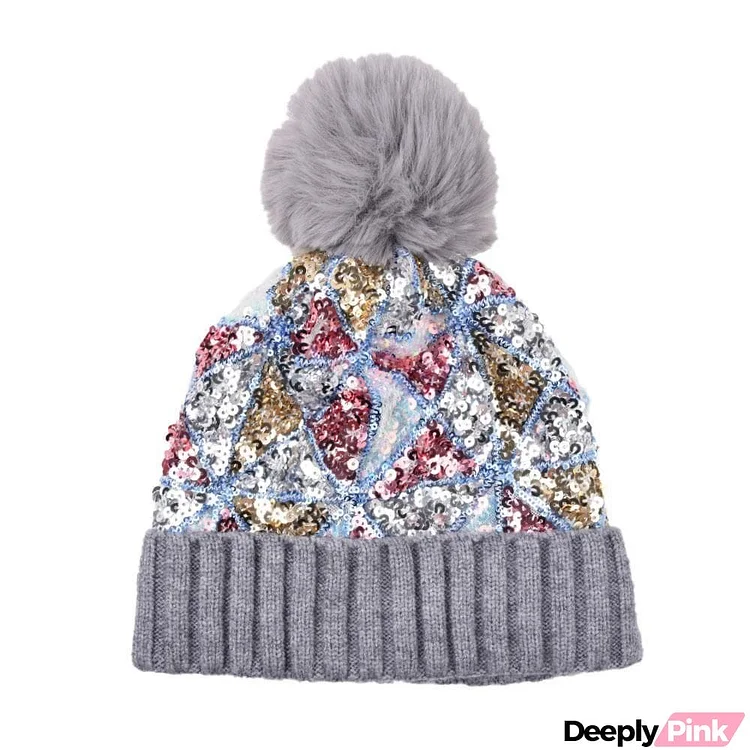 Sequined plush thickened warmth detachable knit hat