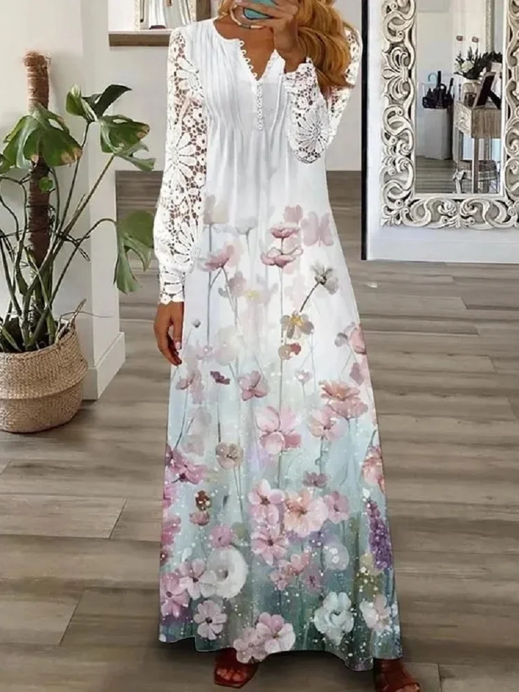 Casual Paneled Lace Flower Long-Sleeved Dress