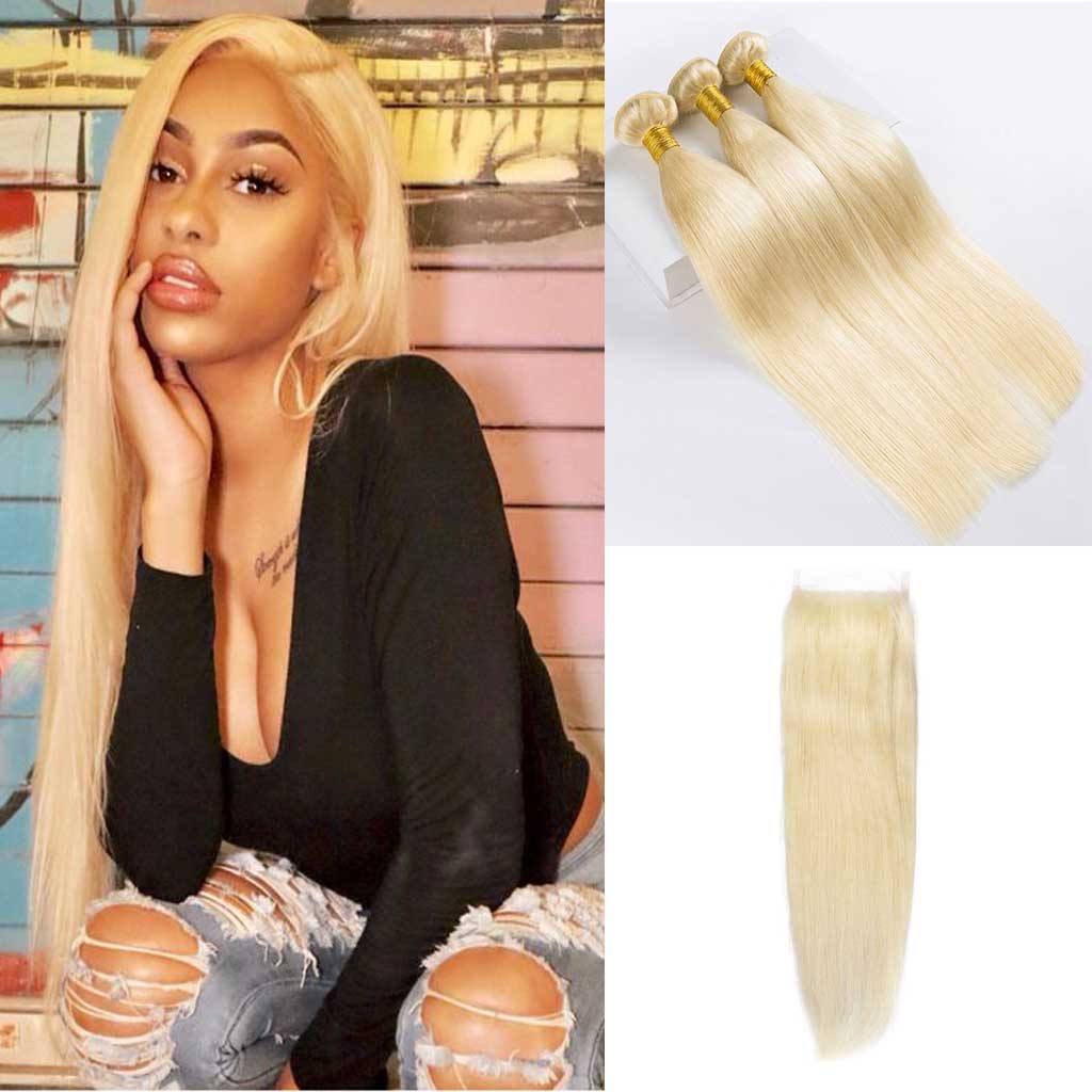 12A 3PCS + 4X4/5X5 Transparent Lace Closure Straight 613 Blonde Bundles With 4X4 Lace Closure