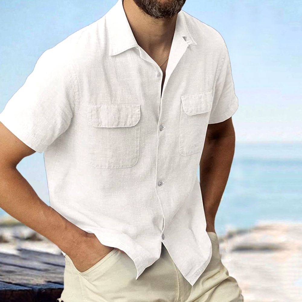 Linen Summer Button Cuban Camp Casual Pocket Short Sleeve Shirt、、URBENIE