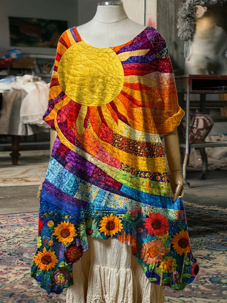 Women's Collage Art Sun Flowers Print Pocket Cotton Dress