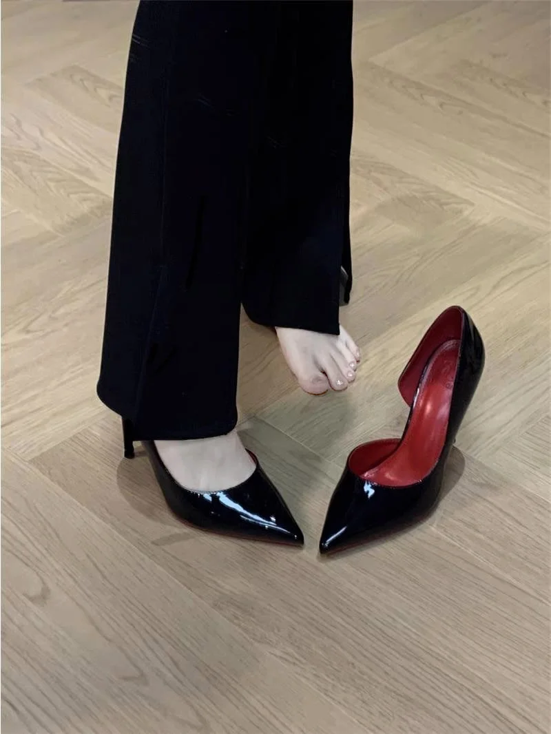 Breakj Breakj Air Red-Soled Black High-Heeled Women 2025 New Sexy Temperament Fine-Cut Sharp Leather Shallow Commuting Single Shoes