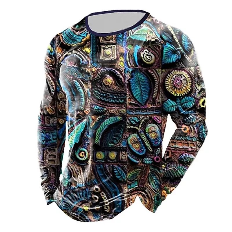 Men's Retro Bandhnu Print Round Neck Long Sleeved T-Shirt