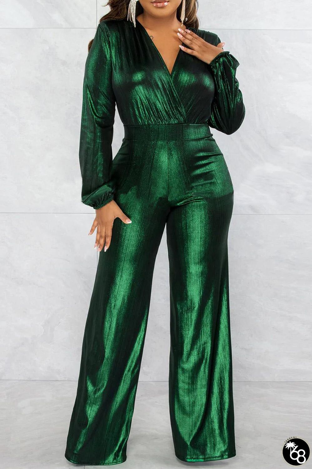 Elegant Solid Patchwork V Neck Plus Size Jumpsuits | 168DEAL