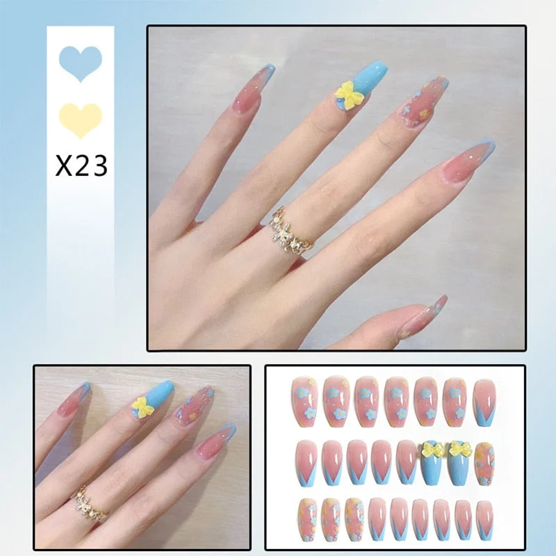24pcs False Nails With Designs Full Cover Long Head Cute Blue Flower Fake Nail Wearable Finished Nail Piece With Glue Ty-Nail Inspo