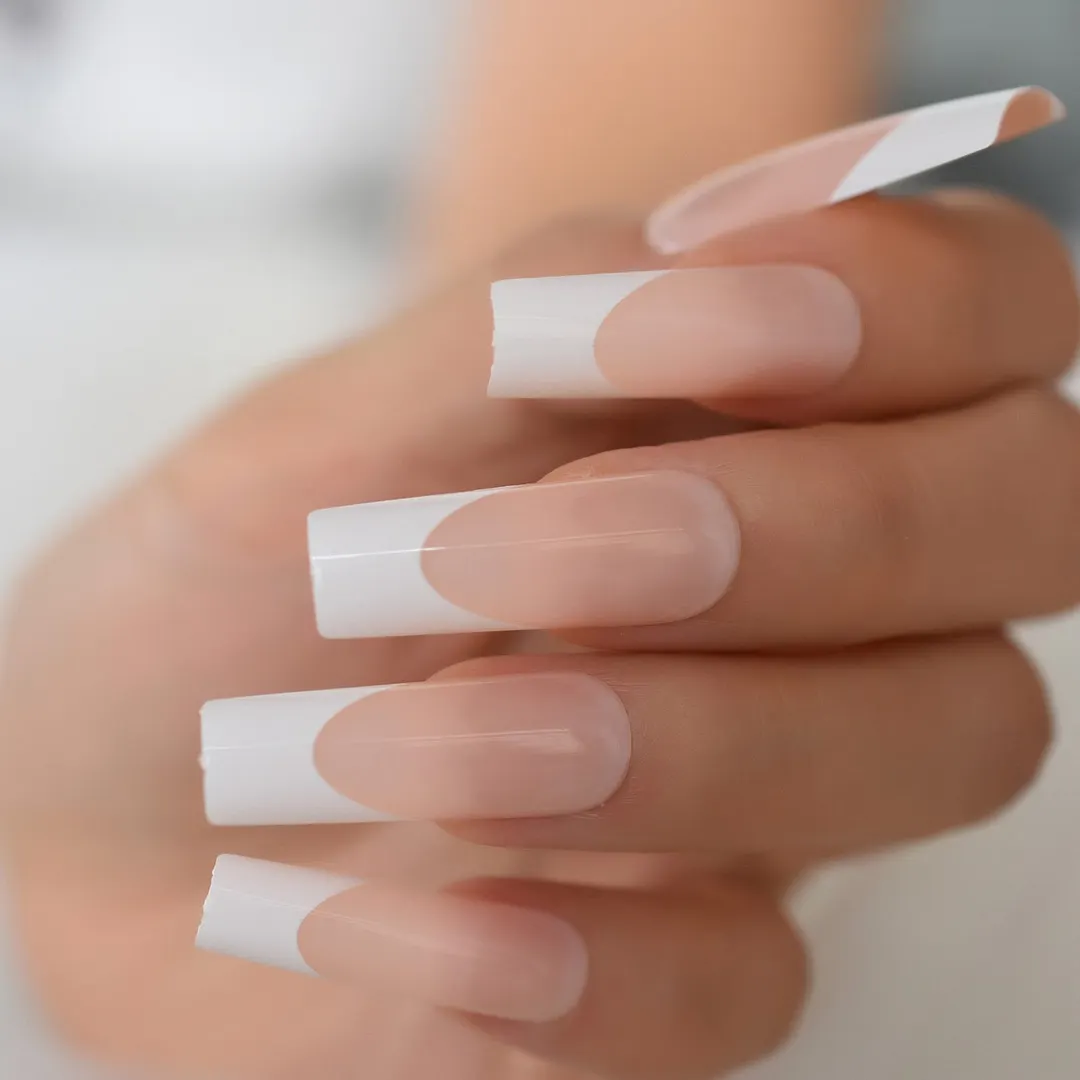 24pcs Long Square Fake Nails Nude White French Tip Press On Nails Full Cover Glossy Gel False Nail Art Manicure for Women-Nail Inspo
